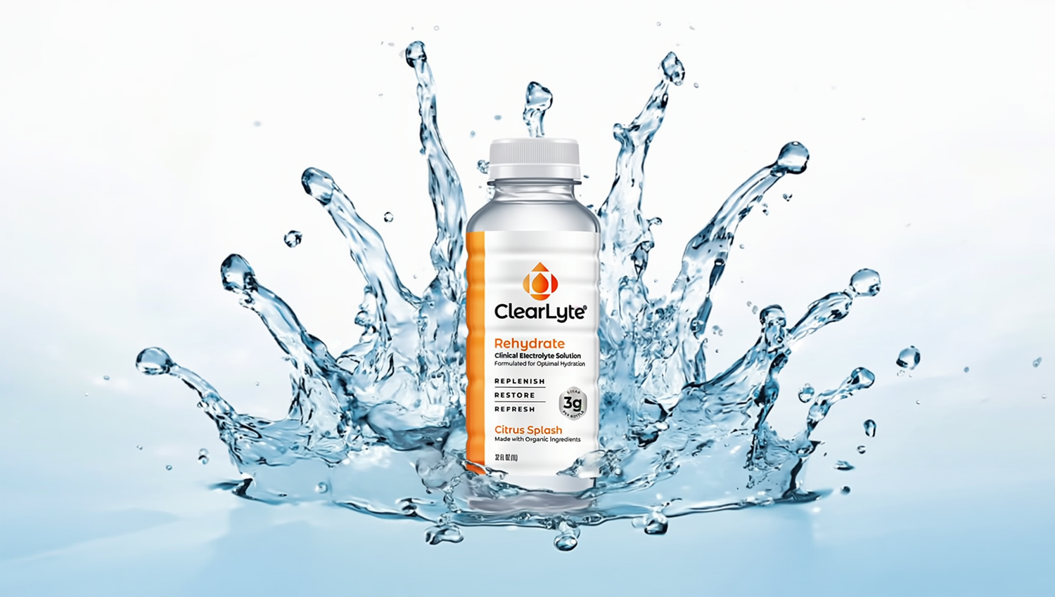 ClearLyte Core Citrus Splash bottle with water splash background
